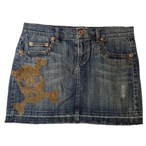 Department of Peace Skull Patch Denim Mini Skirt Studded Blue Y2K Size 7